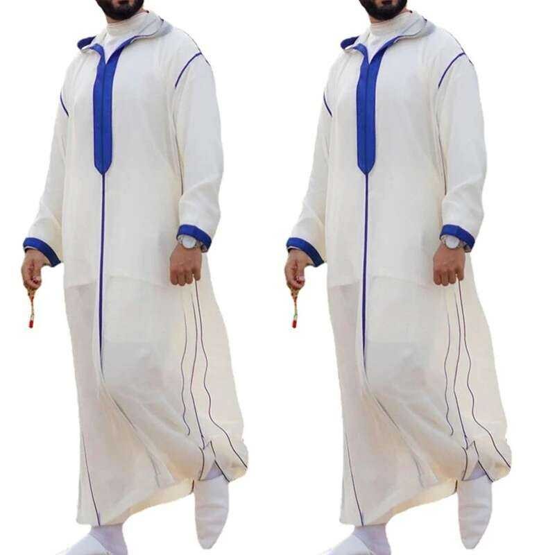 Muslim Thobe Pria Lengan Panjang Kerah Berdiri Patchwork Timur Tengah Arab Saudi Kaftan Abaya Islami