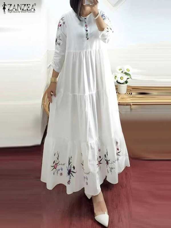 Gaun ZANZEA Maxi Muslim Elegan Bermotif Bunga Wanita Fashion Abaya Berlapis Sundress Santai Liburan