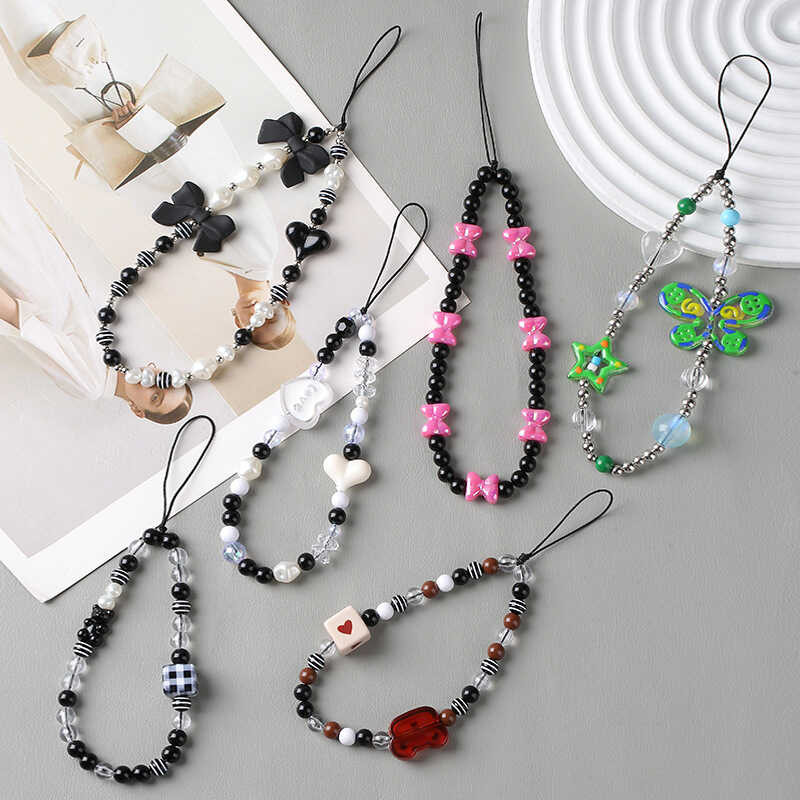 

Hitam Putih Baru Berbutir Lanyard Hati Persegi Pita Telepon Dekorasi Rantai