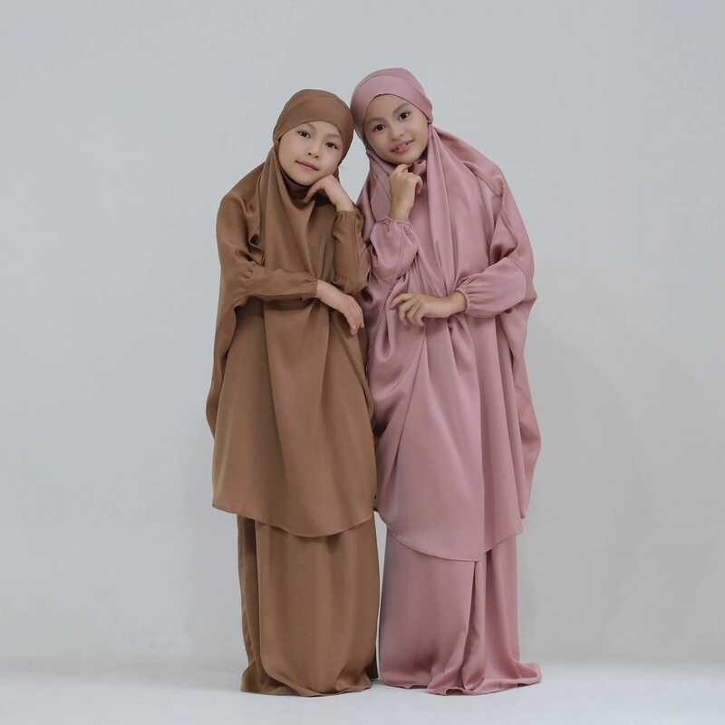 Hijab Gaun Islami Set 2 Pcs Khimar Kaftan Anak Perempuan Pakaian Doa Muslim Pakaian Anak Niqab Burqa