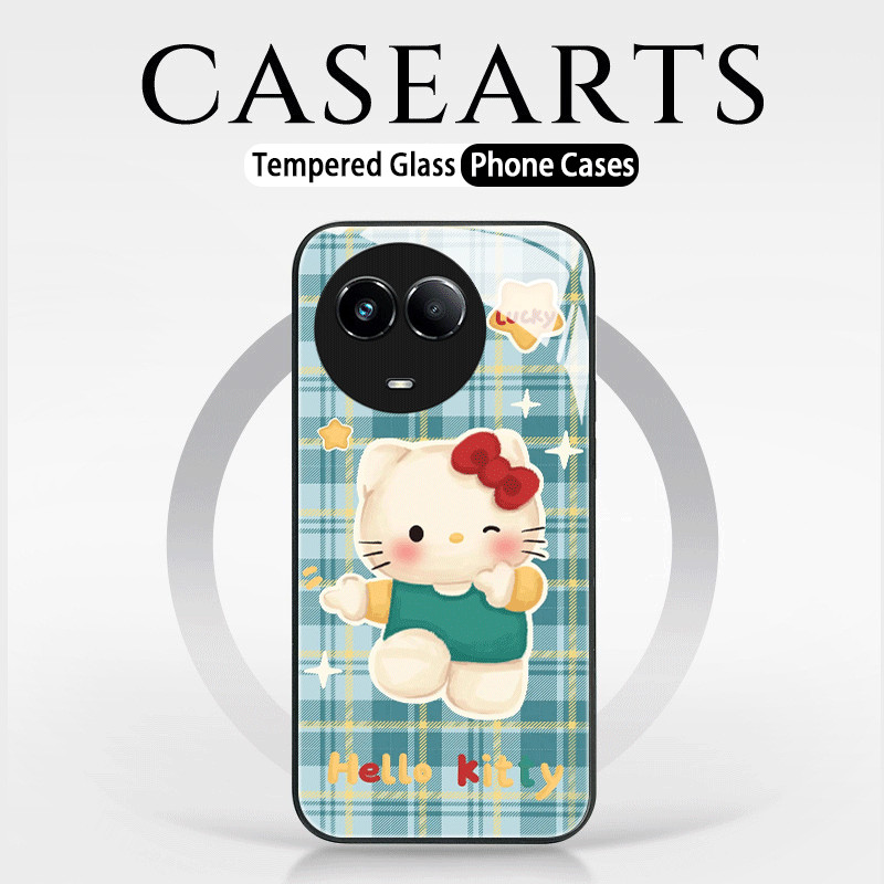 Untuk Kartun pribadi kotak-kotak hijau HelloKitty yang kreatif beruntung Glass Casing Hp Realme V13 