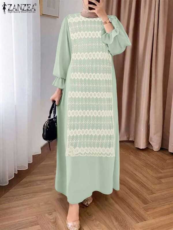 Gaun 2025 Muslim Elegan Abaya ZANZEA Fashion Wanita Lengan Panjang Gaun Sundress Patchwork Maxi Juba