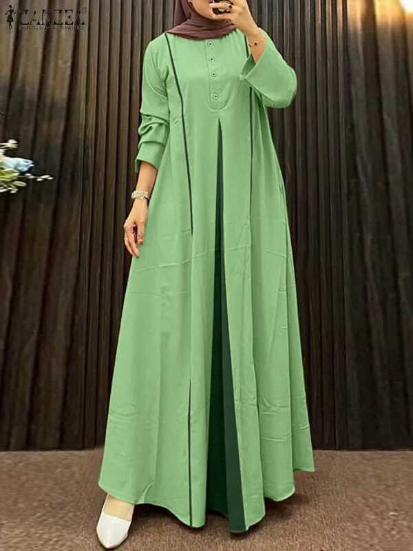 Abaya Gaun Muslim 2025 ZANZEA Wanita Patchwork Maxi Sundress Fashion Lengan Panjang Jubah Eid Mubara