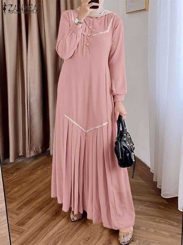 Gaun ZANZEA Maxi Wanita Modis Hijab Longgar Leher O Lengan Panjang Hem Lipit Fashion Muslim Patches
