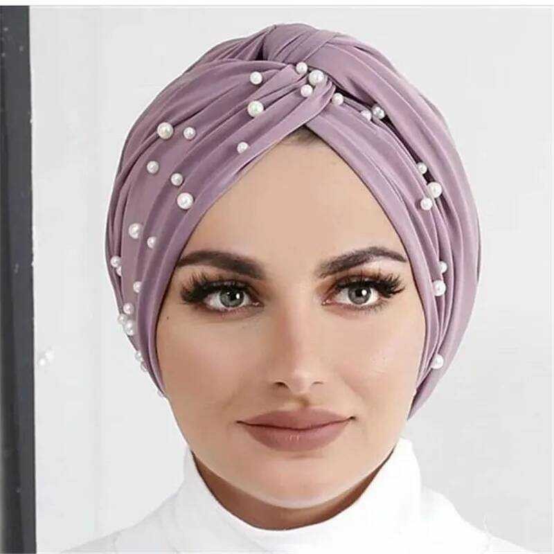 Muslim Fashion Wanita Topi Turban Elastis Mutiara Hijab Islami Bonnet Musulman Femme Jilbab Topi Ind