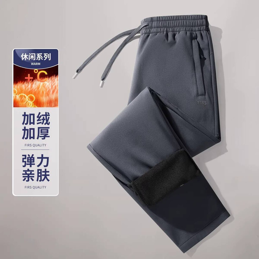 Fleece Lined and Thickened Santai Gugur Musim Dingin Pria, Olahraga Ukuran Besar Lurus, Celana Panja