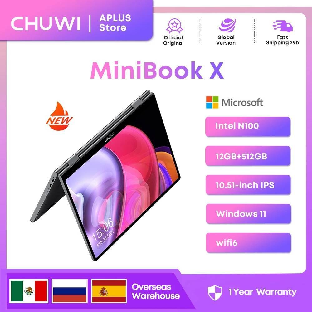 CHUWI MiniBook X Tablet Laptop 2-dalam-1 12GB LPDDR5 512G SSD Intel N100 Layar Sentuh 10.51 Inci Key
