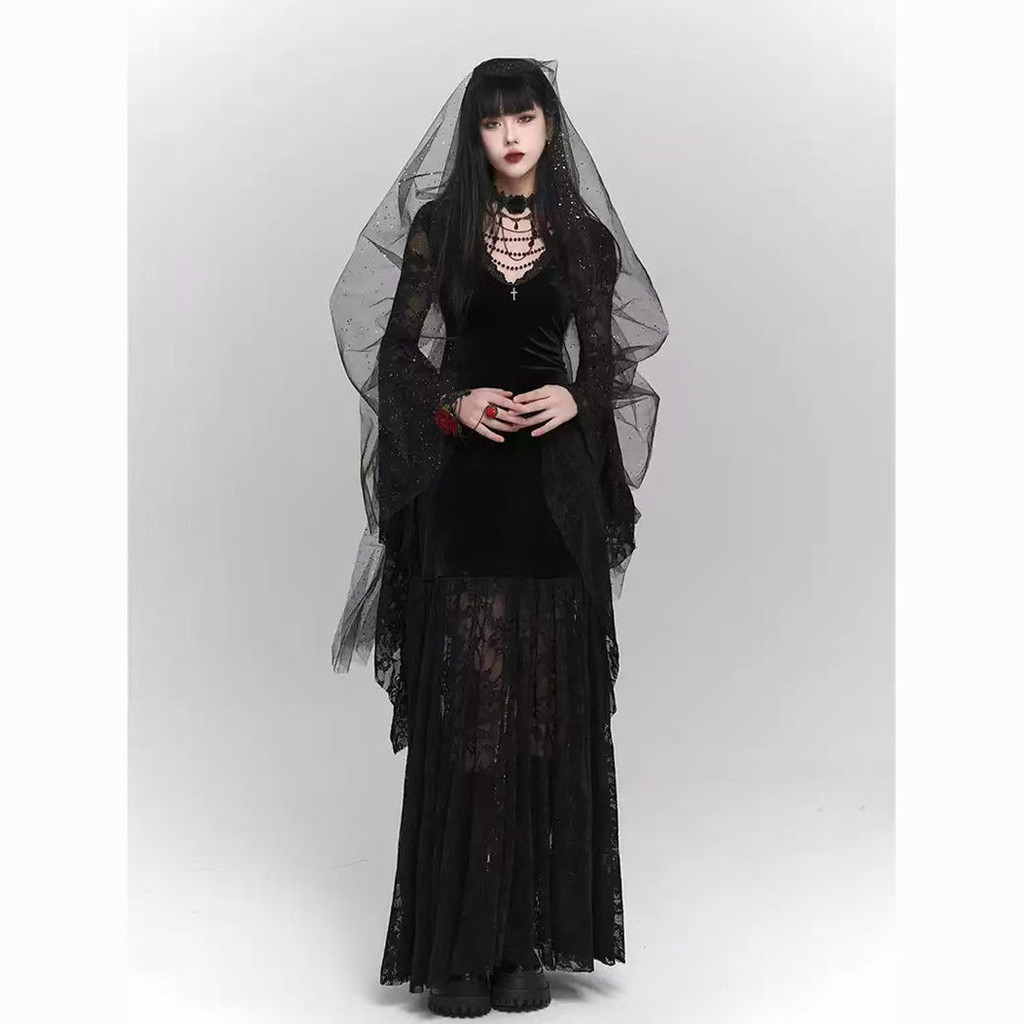 Halloween Costume Gothic Style Dress Bat Sleeve Dress Witch Cos Rok Rok Rok Panjang Wanita