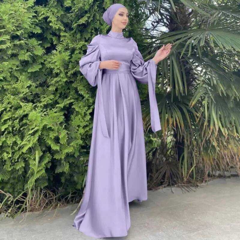 Pesta Gaun Elegan Dubai Wanita Gaun Panjang Eid Muslim Satin Abaya Ramadan Fashion Islami Robe Turki