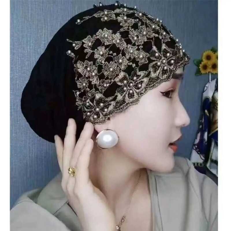 Nylon Topi Hijab Wanita Bordir 7 Warna Topi India Turban Muslim Wanita