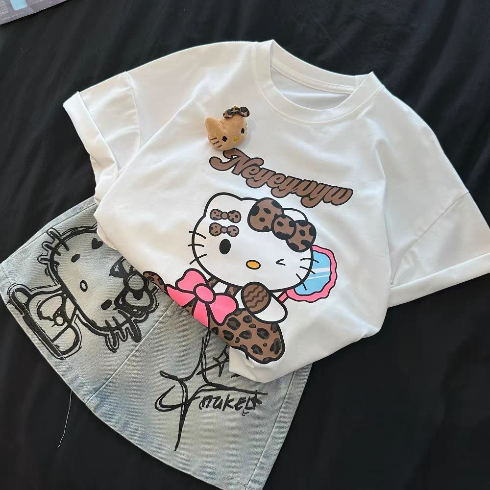 Girls Summer Set 2025 Bayi Bayi Bayi Baru Kaos Cetak Cute Printed Denim Rok Two-Piece Set