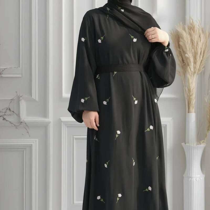 Muslim Gaun Bordir Hitam Wanita Kaftan Abaya Damen Dubai Gaun Arab Afrika Pakaian Doa Caftan Marocai