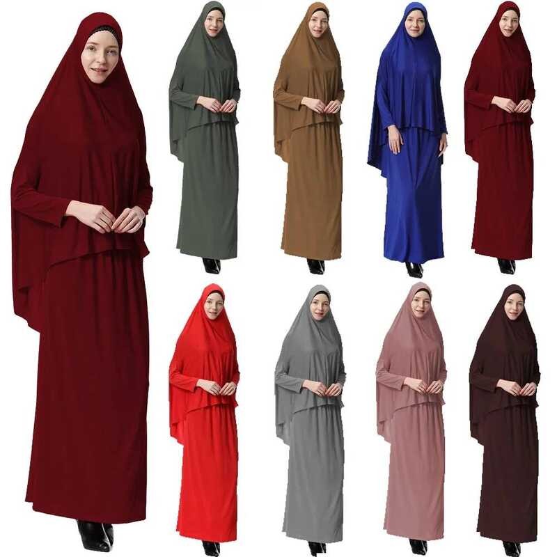 Hijab Thobe Wanita Muslim Ramadan Set 2 Pcs Pakaian Doa Islami Kaftan Khimar Niqab Gaun Jubah