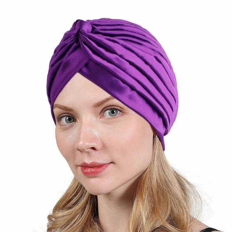 Tidur Topi Satin Warna Solid Wanita Topi Chemo Lipit Hijab Muslim Turban Topi Malam India Tidur Penu