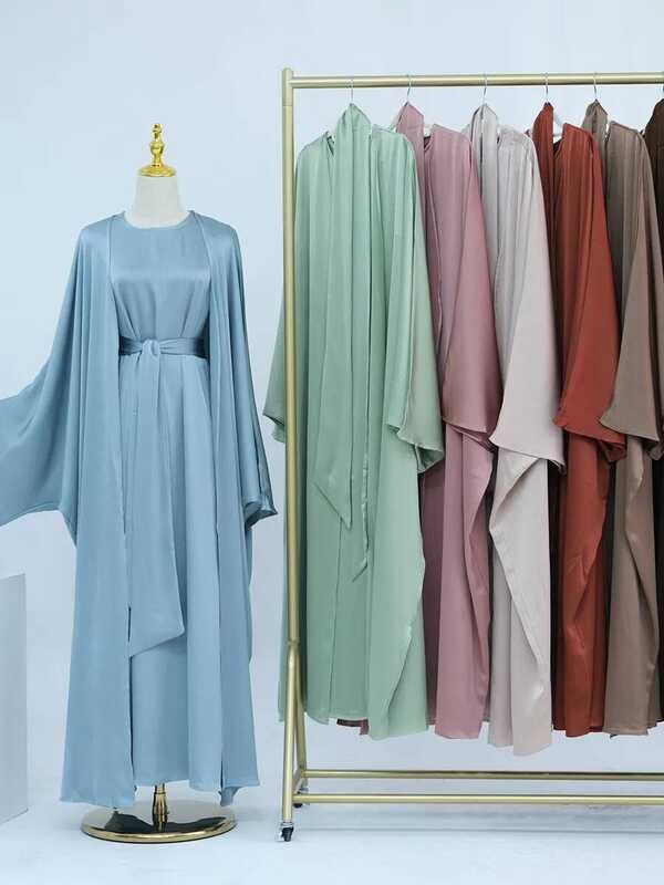 Muslim Wanita Turki Arab Dubai Abaya Panjang Modest Ramadan Robe Liner Dress Kaftan Set Pakaian Isla
