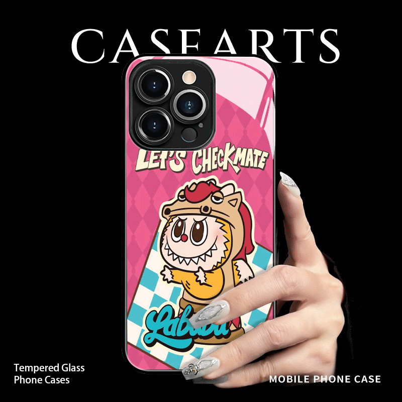 Untuk Labubu Merah Muda Kotak-kotak Kartun Minimalis Anak Perempuan Glass Casing Hp Realme V13 11 4G