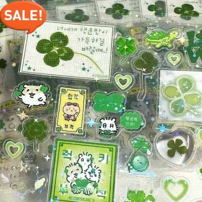 

Random Steve Set 4pcs Semanggi Hijau Empat Daun Film Glitter Bintang Transparan Potong Stiker Dekora