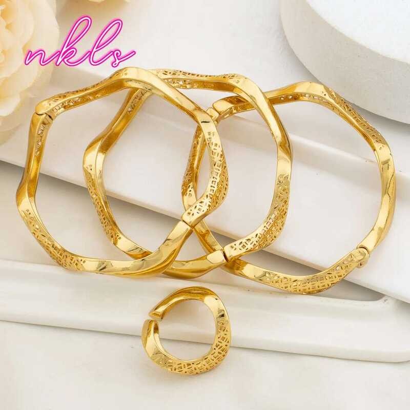 Manset Gelang Warna dengan Cincin Set Kuningan Berlapis Emas Gelang Vintage Arab Saudi Perhiasan Per