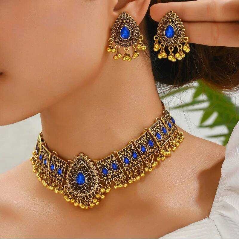 Perhiasan Set Kalung Choker dan Anting-Anting Kristal Tradisional Pernikahan India Bollywood Baru