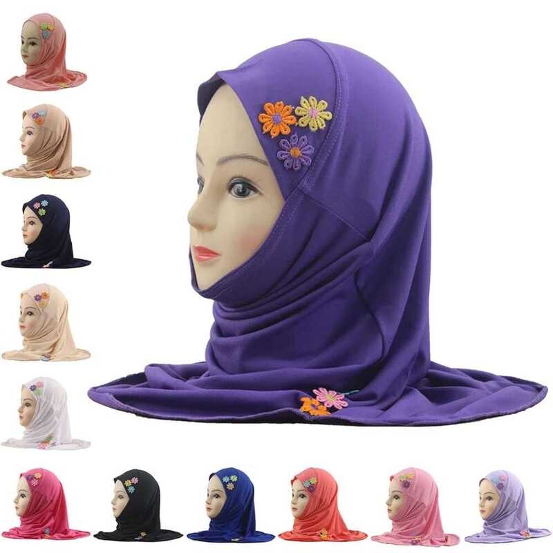 Hijab Topi untuk Gadis Kecil Usia 2-6 Tahun dengan Bunga, Syal Muslim, Topi Penutup Kepala Islami, A