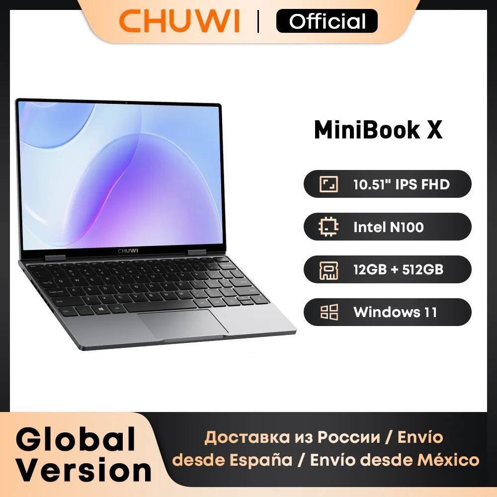 CHUWI MiniBook X Laptop Tablet PC 2 Dalam 1 12GB LPDDR5 512G SSD Intel N100 Layar FHD IPS 10.51 Inci