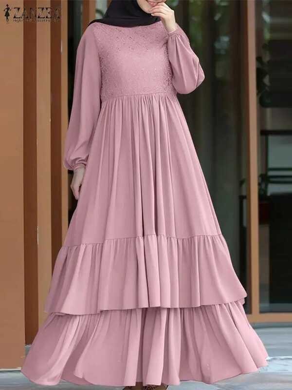 Gaun ZANZEA Maxi Kasual Berlapis Elegan Wanita Renda Patchwork Lengan Panjang Abaya Hijab Islami Ruf