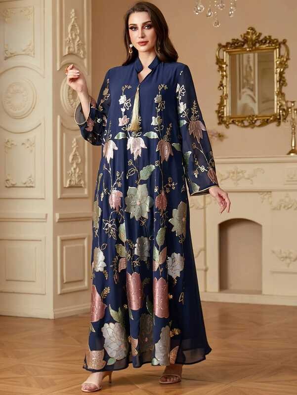 Motif Abaya Bunga Ramadhan untuk Wanita 2025 Eid Mubarak Djellaba Kaftan Maroko Wanita Muslim Jalabi