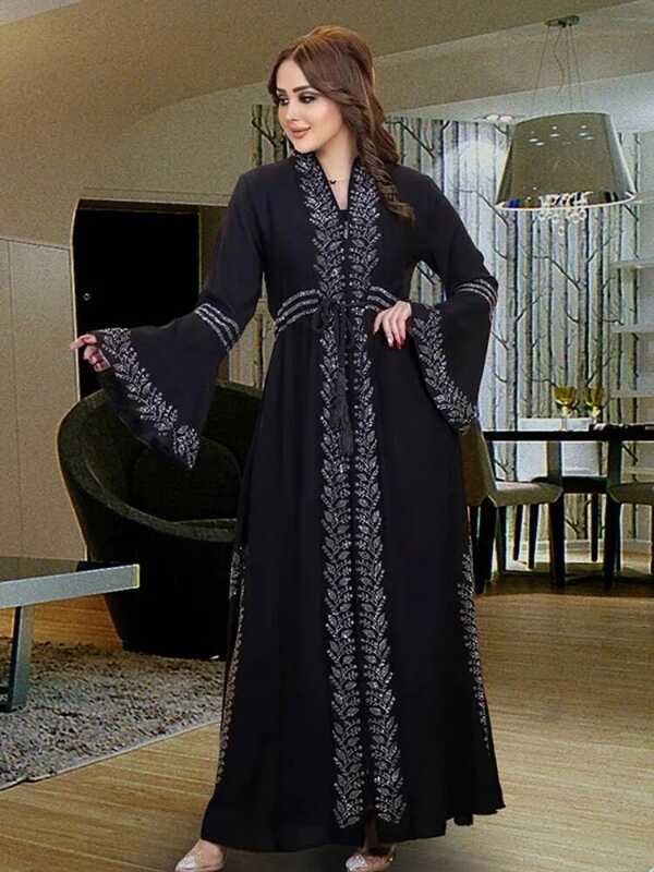 Muslim Gaun Eid untuk Wanita Gaun Kaftan Dubai Lengan Flare Abaya Jalabiya Turki Ramadan Pesta Islam