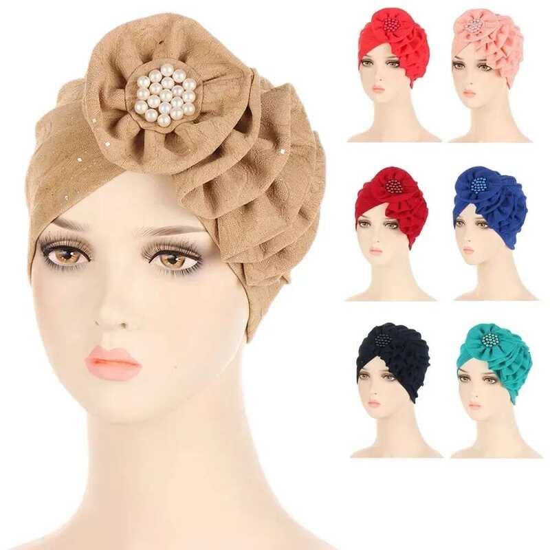Wanita Bunga India Muslim Topi Kemo Rambut Rontok Hijab Manik-manik Mutiara Turban Penutup Kepala Se