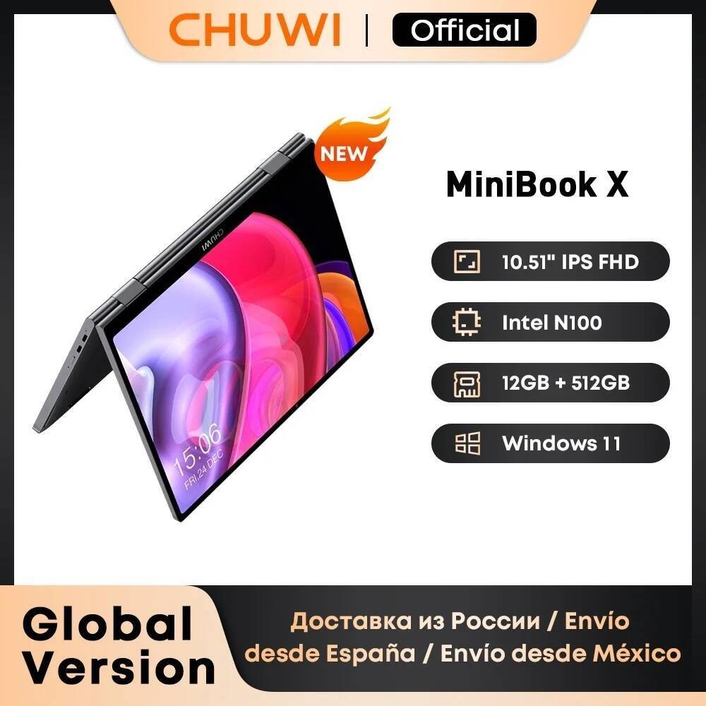 CHUWI MiniBook X Laptop Tablet 2 Dalam 1 Intel N150/N100 Layar FHD IPS 10.51" 12GB LPDDR5 512G SSD W