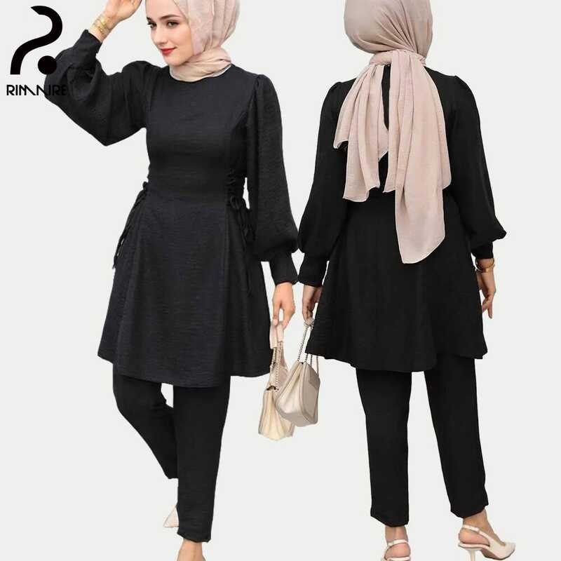 Wanita Set Muslim Hitam Fashion Lengan Panjang Blus Celana Set Kualitas Tinggi Pakaian Islami Wanita