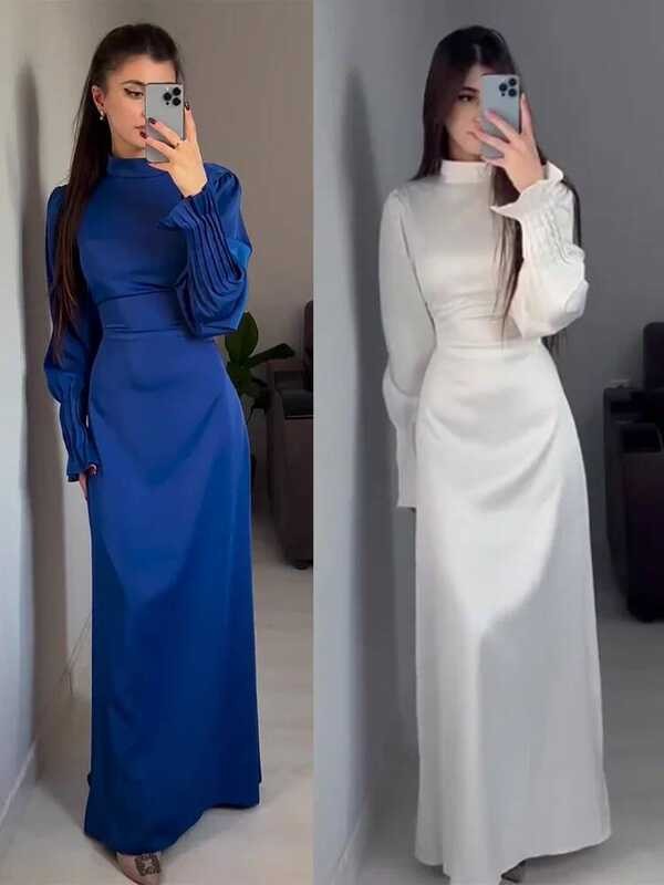 Muslim Gaun Musim Semi Eid Wanita Abaya Slim Fit Lengan Petal Satin Gaun Pesta Maroko Ramadan Islam