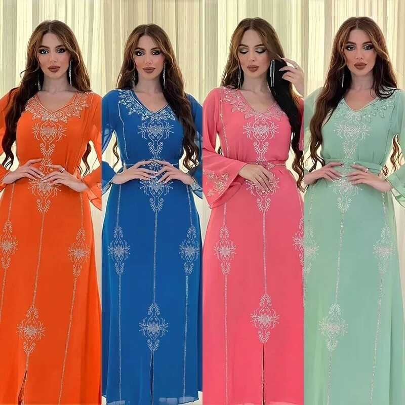 Dias Abaya Muslim untuk Wanita Dubai Saudi, Gaun Maxi Panjang Chiffon, Kaftan Arab Turki, Gaun Pesta