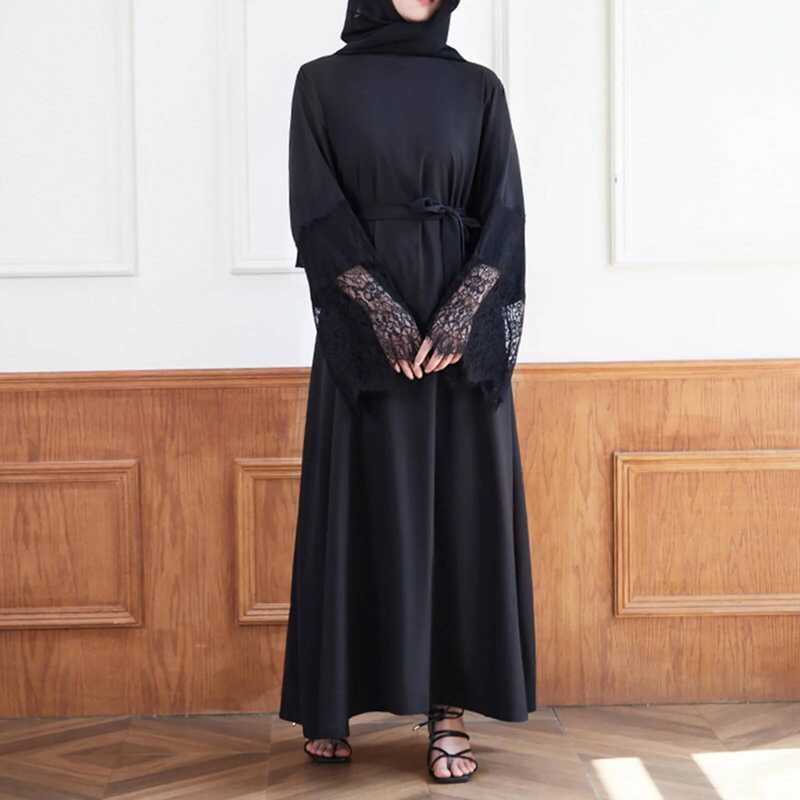 Elegan Wanita Hitam Muslim Panjang Vintage Renda Jala Lengan Pullover Abaya Pakaian Doa Gaun Pesta u