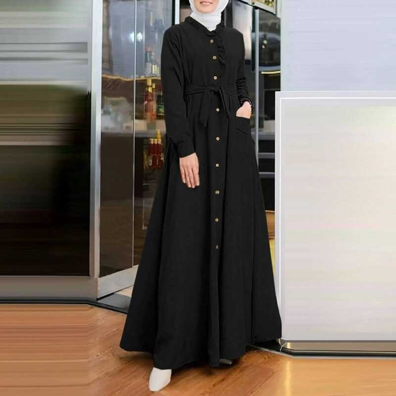 Wanita Fashion Kemeja Maxi Lengan Panjang Muslim dengan Kancing Bawah Abaya Gaun Santai Dubai Israel