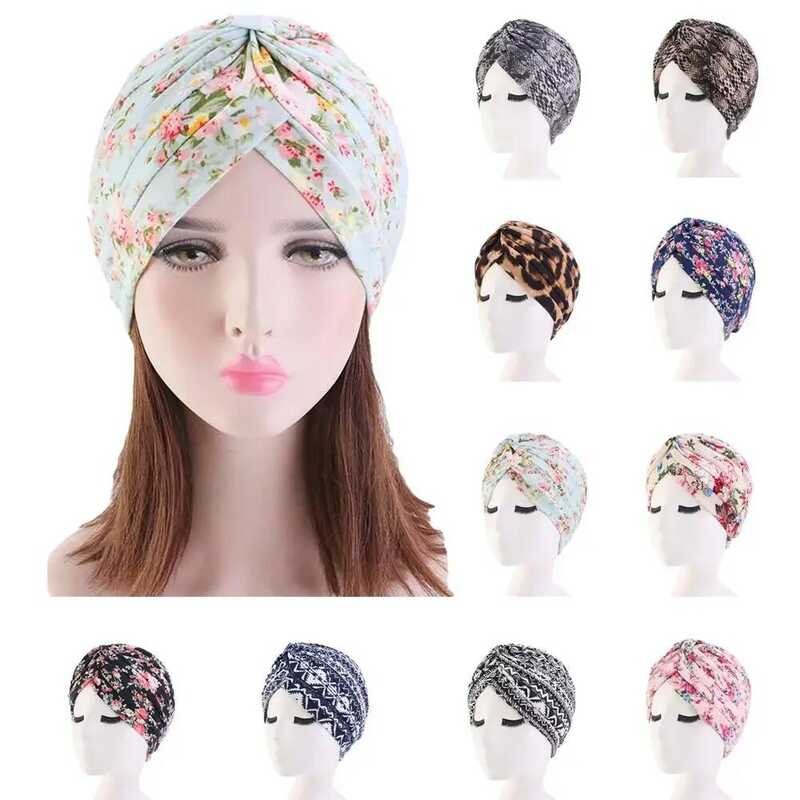 India Turban Wanita Muslim Hijab Topi Bermotif Bunga Topi Kanker Chemo Penutup Rambut Islami Beanie