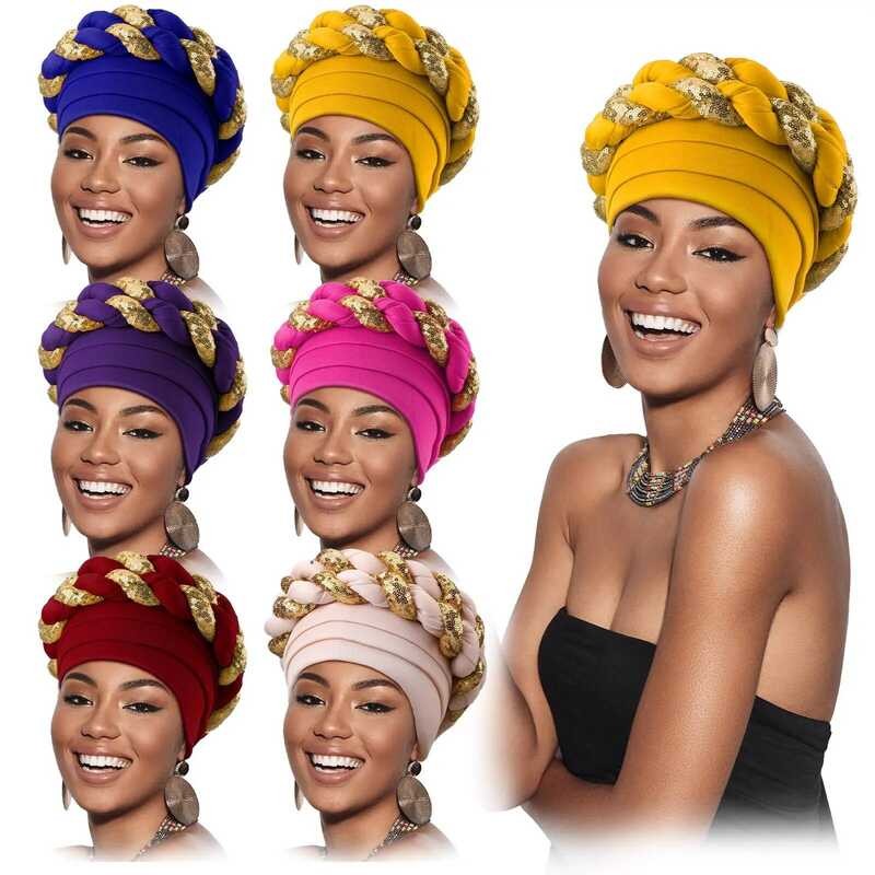 Hijab Turban Bonnet Pembungkus Kepala untuk Wanita Kulit Hitam Topi Beanie Pita Berpayet Elastis Top