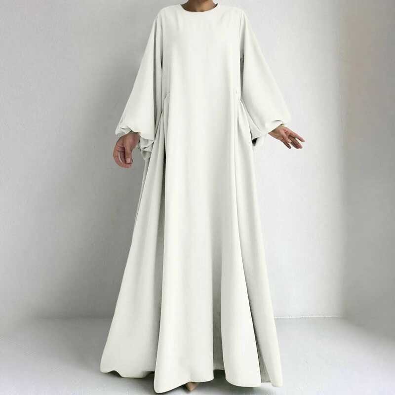 Gaun 2024 Untuk Gadis Wanita Jubah Muslim Lentera Lengan Panjang Leher Bulat Longgar Ruffle Elegan T