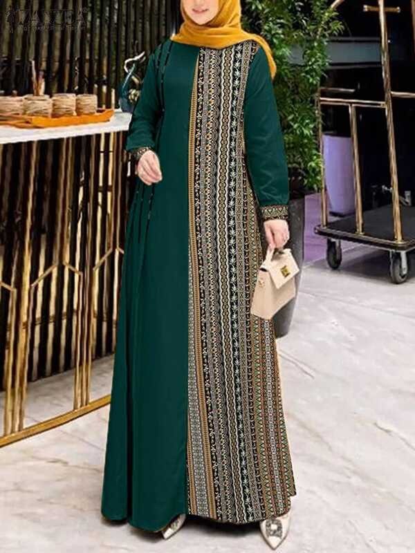 Wanita Fashion Gaun Abaya Muslim Lengan Panjang Cetak ZANZEA Musim Gugur Gaun Sundress Maxi IsIamic