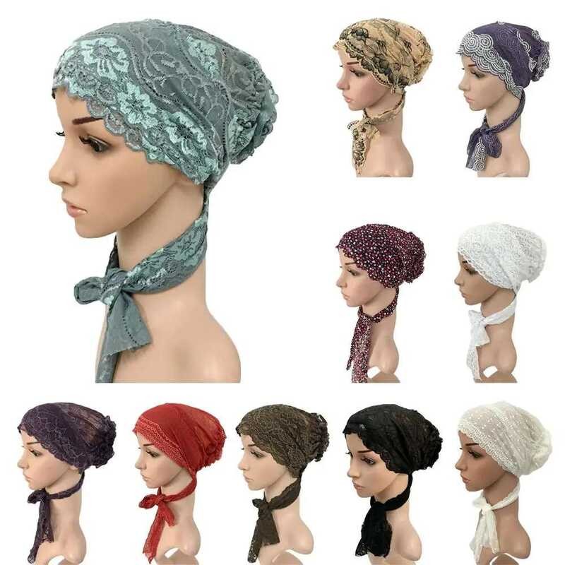 Muslim Wanita Turban Renda Bunga Stretch Islam Arab Beanies Chemo Headwear Topi Hijab Ekor Panjang R
