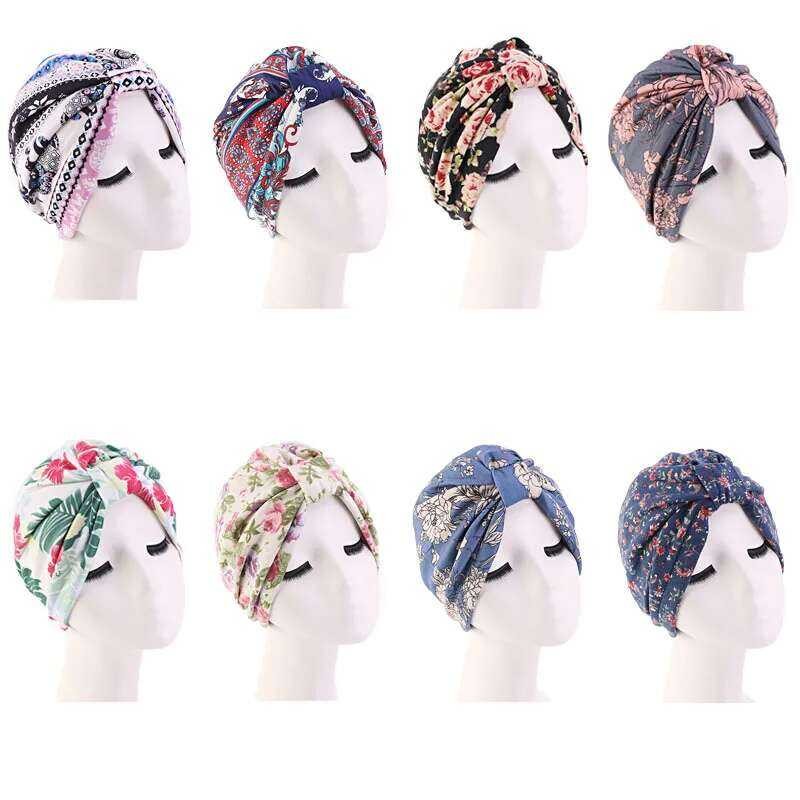 cetak Turban fashion bonnt katun lembut pembungkus arab top Knot hijab topi wanita syal siap untuk p
