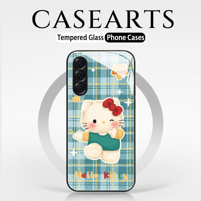 Untuk Kartun pribadi kotak-kotak hijau HelloKitty yang kreatif beruntung Glass Casing Hp Samsung A15