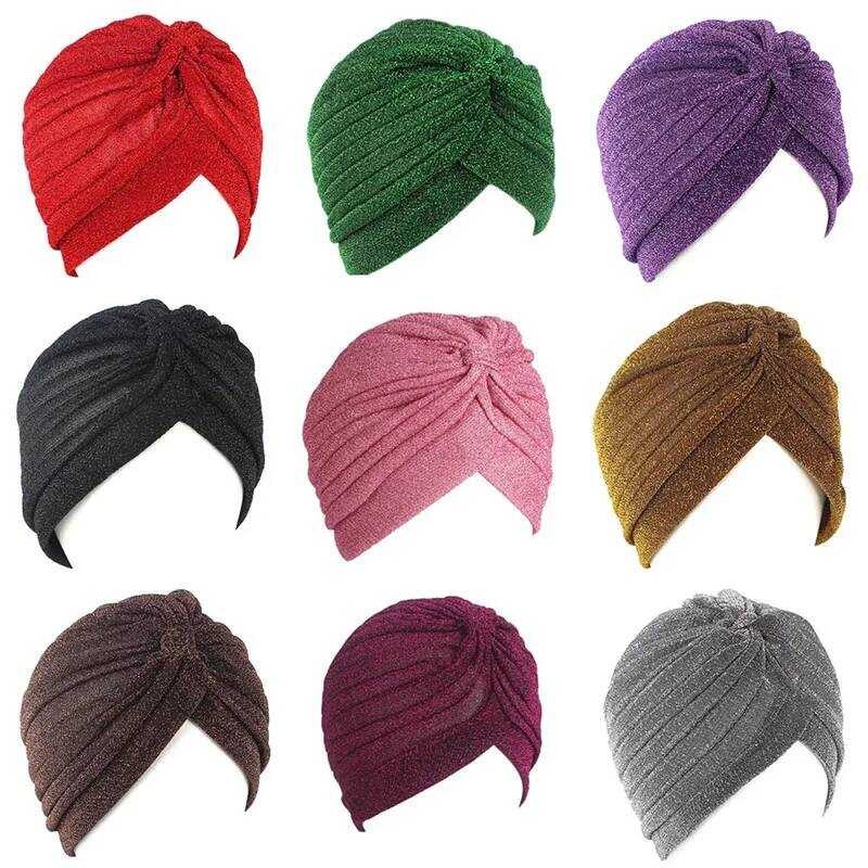 Turban Topi Warna Solid Twist Fashion Wanita Hijab Muslim Simpul Emas Mengkilap Glitter Topi India P
