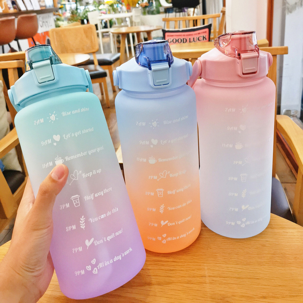 Botol Air Minum Olahraga  DIY Large Capacity Plastic Net Red Fitness Sport Straw Cup with Scale Port