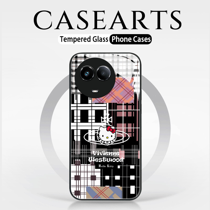 Untuk Kartun Pribadi Kotak-kotak Hitam HelloKitty Mewah yang Kreatif Glass Casing Hp Realme V13 11 4