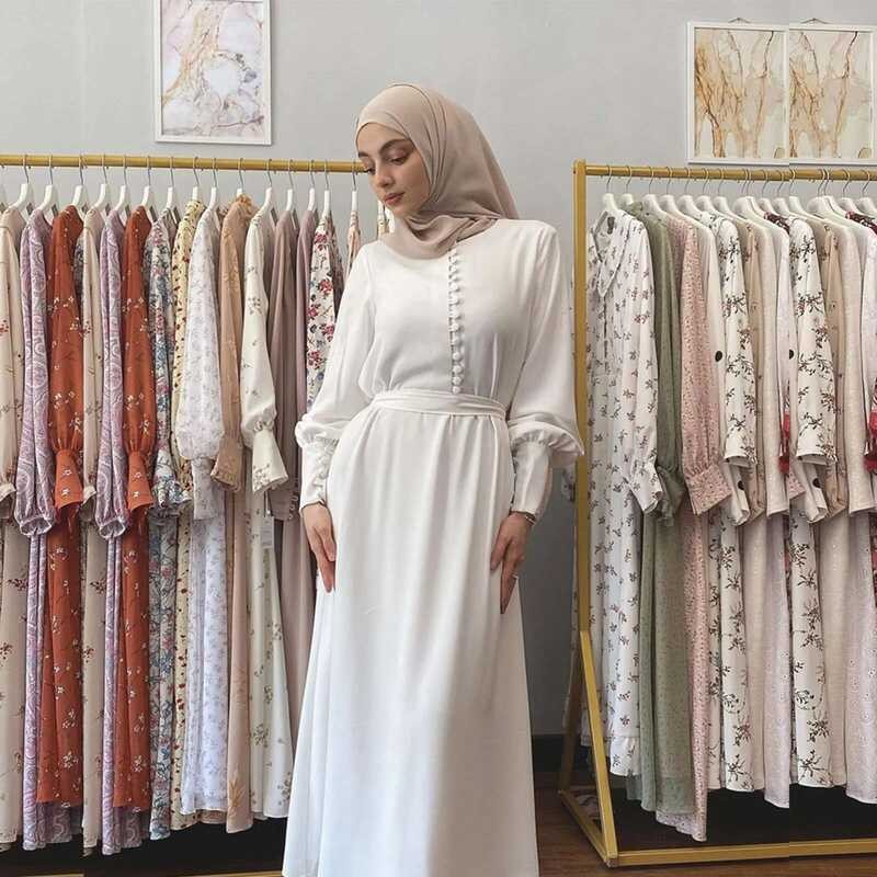 Wanita Fashion Putih Desain Kancing Depan Elegan Tunic Pinggang Ikat Abaya Kaftan Maxi Gaun Jubah Mu