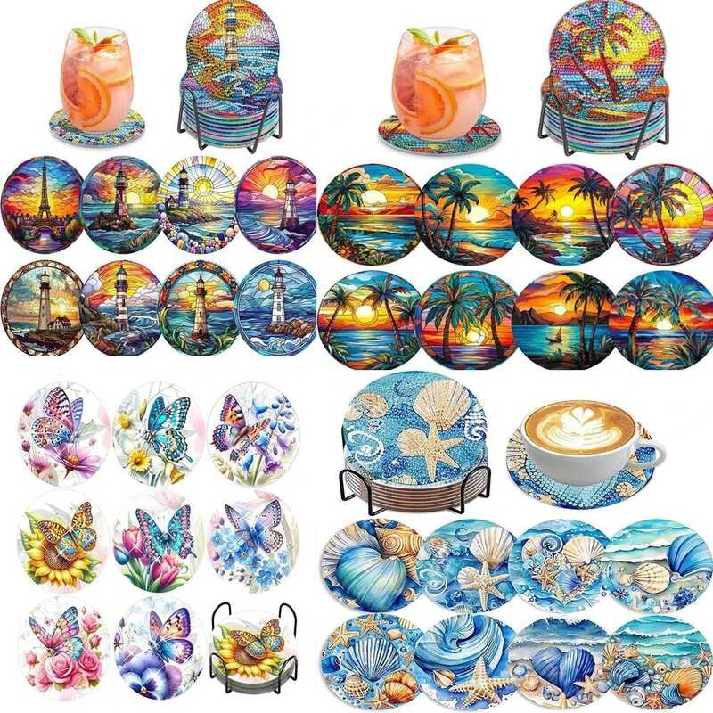 

buah/set 8 Seni Lukis DIY Pemandangan Pantai dengan Kit Braket, Insulasi Minuman Dia Coaster Su Brak