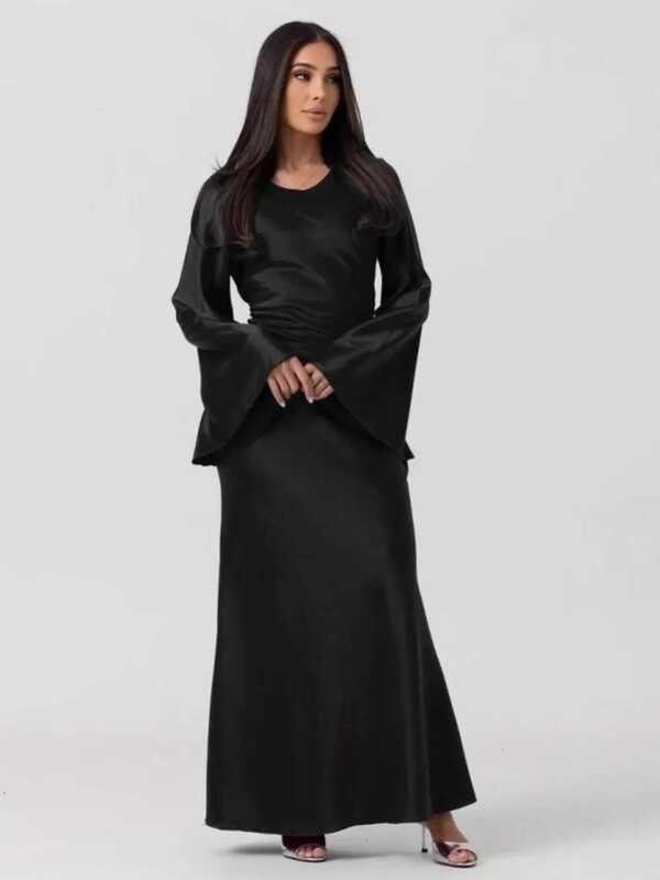 Pesta Gaun Satin Eid Wanita Abaya Muslim Lengan Flare Jalabiya Ramadan Gaun Bandage Solid Vestidos L