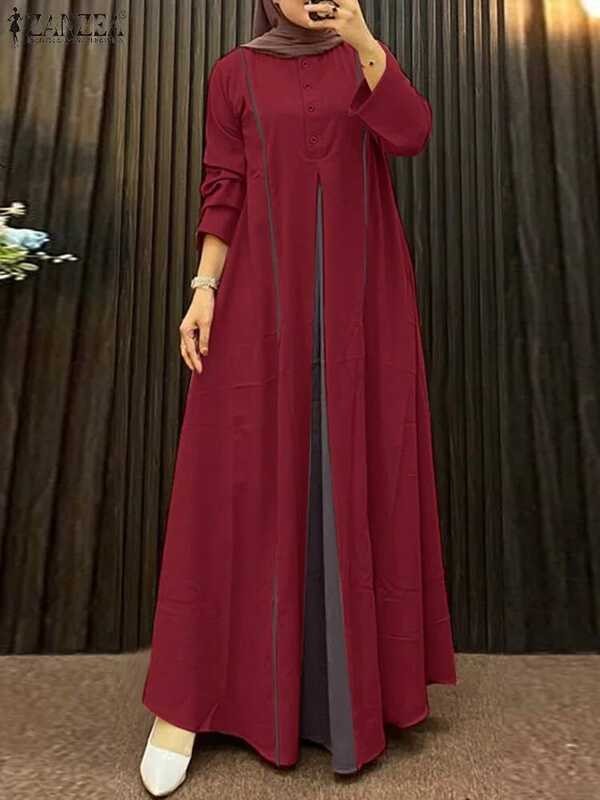 ZANZEA 2025 Fashion Gaun Abaya Muslim Wanita Lengan Panjang Patchwork Maxi Sundress Elegan Longgar J