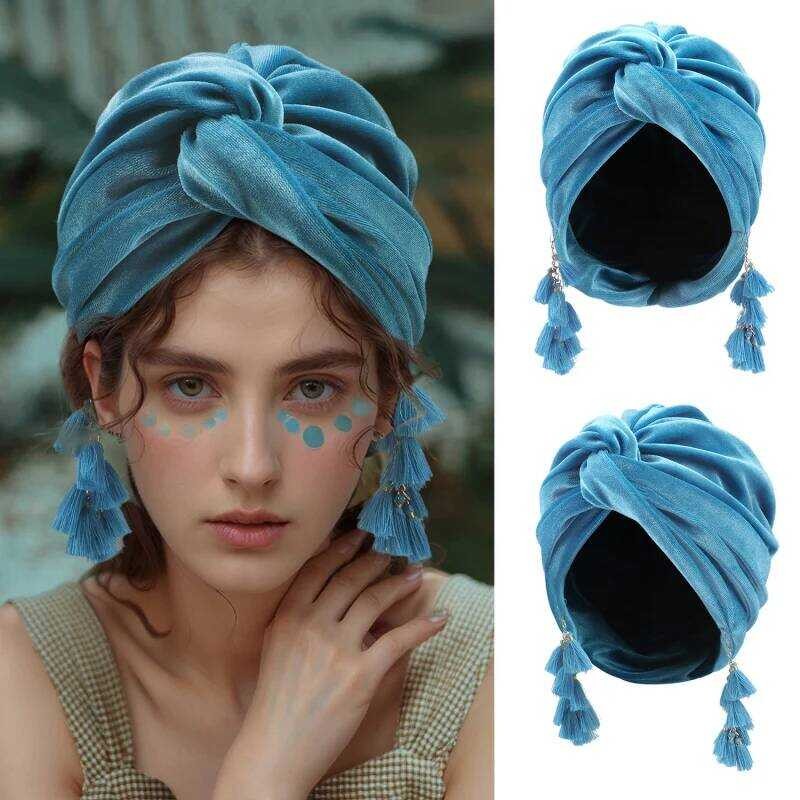 Topi 2025 Turban Wanita Baru Veet Wanita Muslim Fashion Retro Pita Lipit Bohemian Poni Silang Hijab